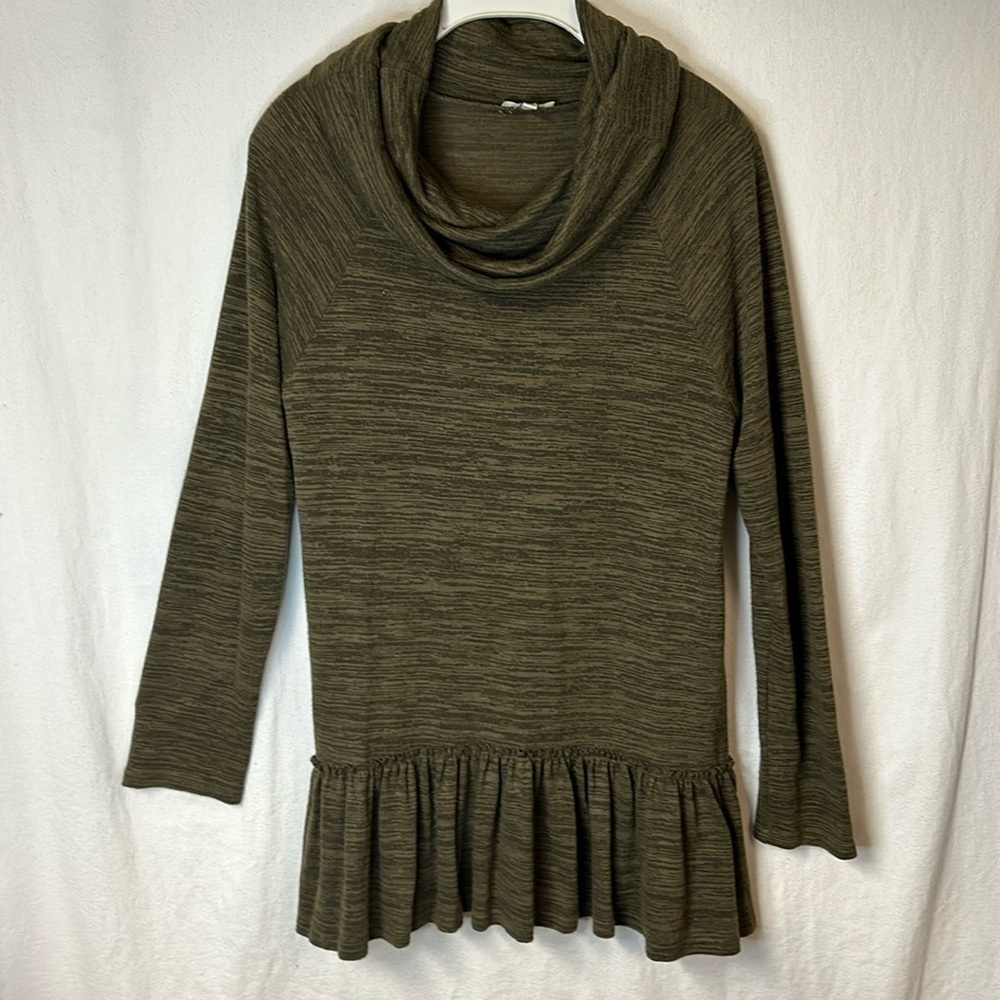 KORI Women’s Tunic Top Size M Army Green Peplum Funnel Neck Soft Stretchy